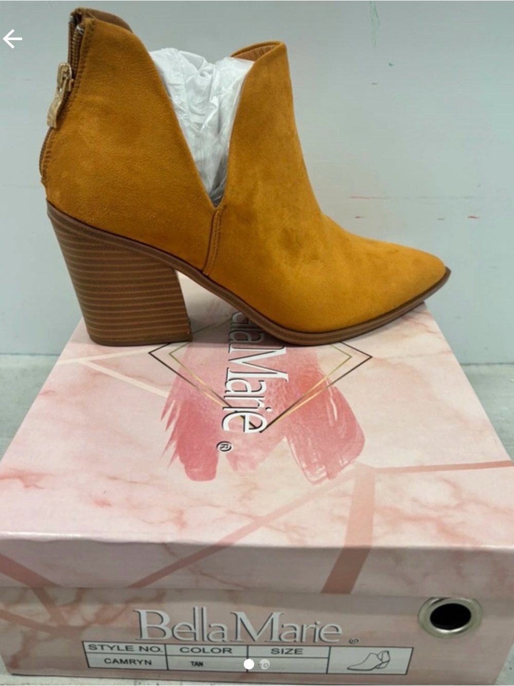 Bella Marie Tan Suede Cutout Ankle Booties with Stacked Heel